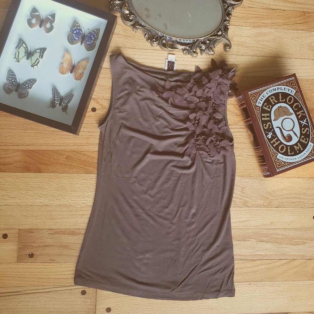 Anne Klein Brown Ruffle Petal Leaf Tank